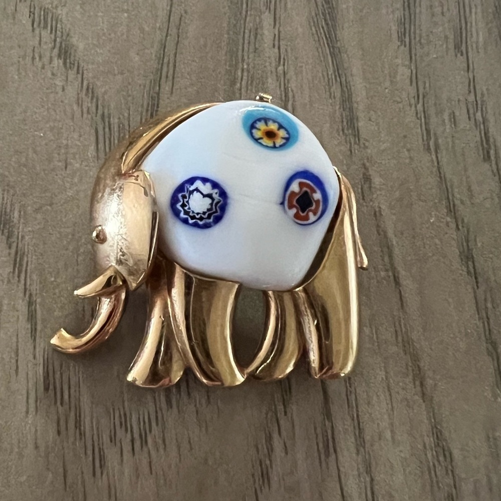Vintage Eisenberg White Millefiori Glass Elephant Brooch